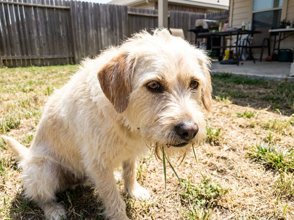 A scruffy, light-colored dog sits in a grassy yard with blades of grass in its mouth.