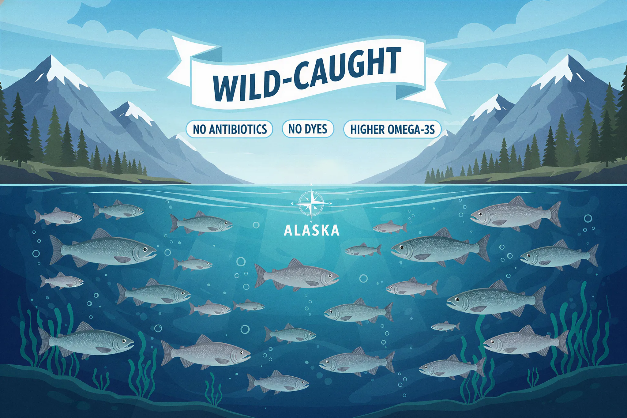 Illustration of fish swimming underwater with mountains and trees in the background.