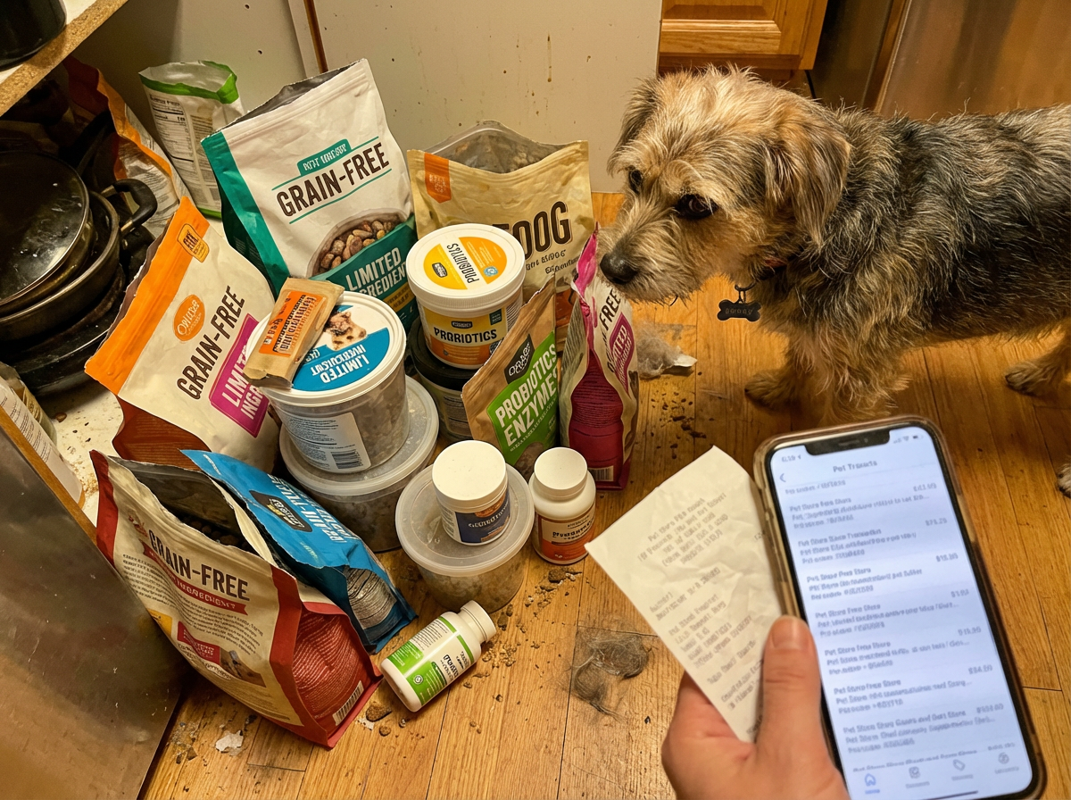 A small dog stands on a floor surrounded by bags and containers of dog food and supplements.