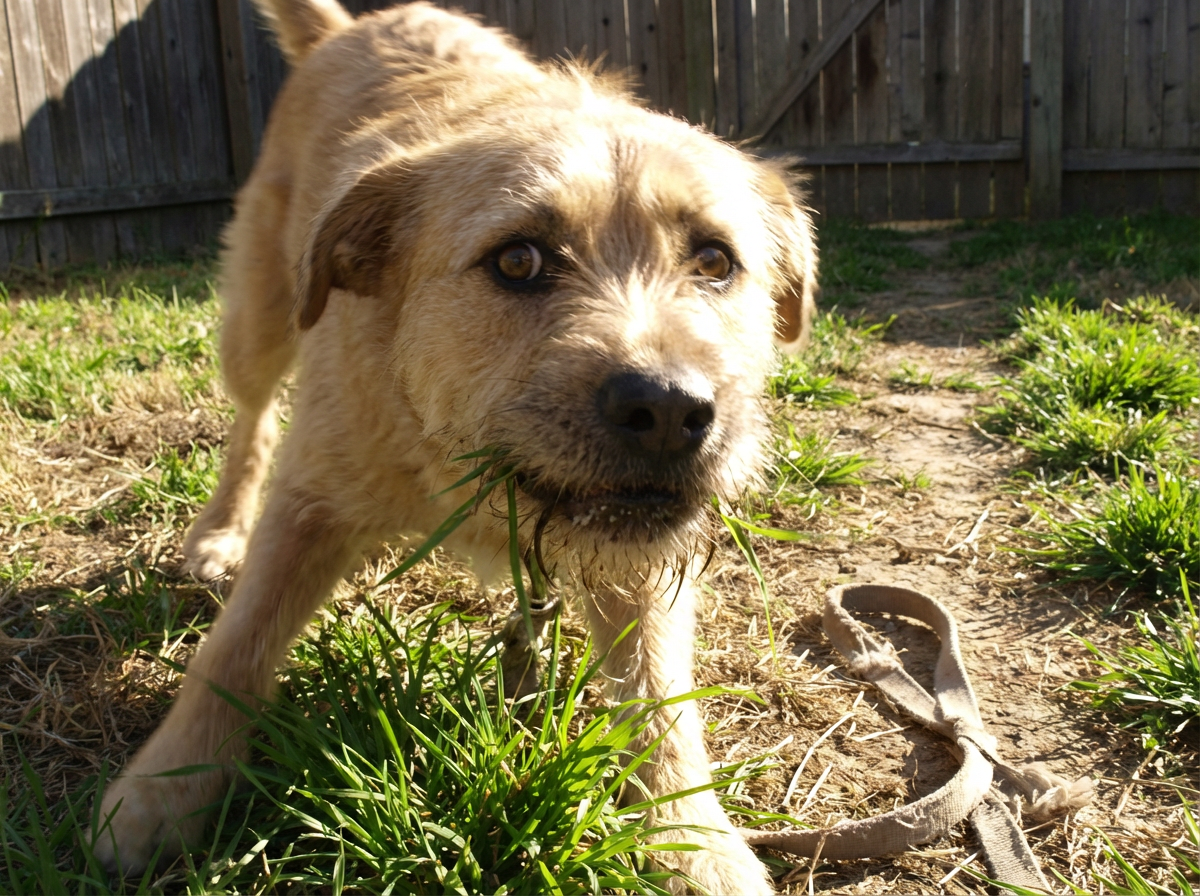 A scruffy, tan-colored dog looks at the camera with blades of grass in its mouth.