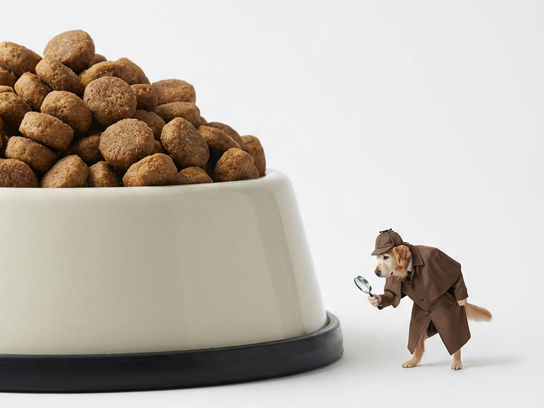 A small dog dressed as a detective inspects a large bowl of kibble with a magnifying glass.