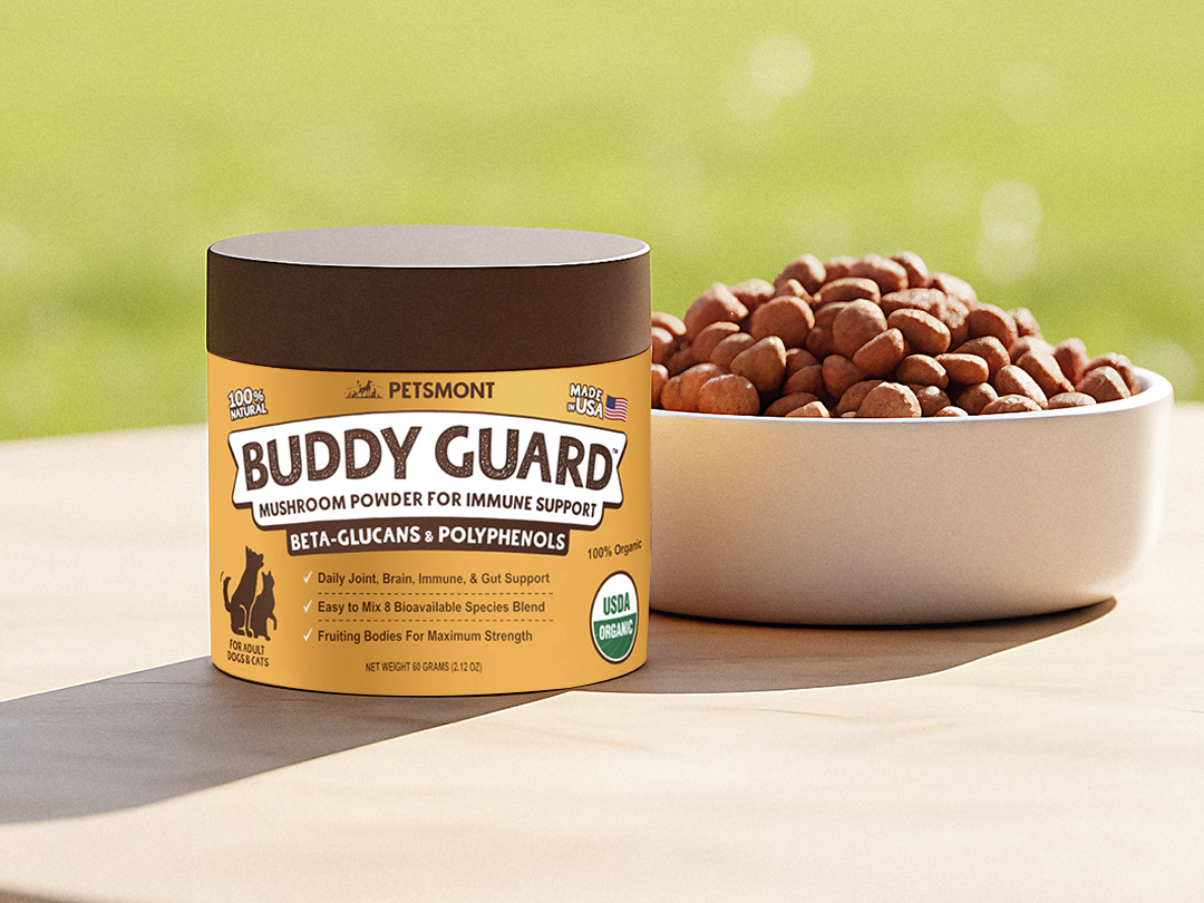 A container of Petsmont Buddy Guard mushroom powder next to a bowl of pet food on a wooden surface.