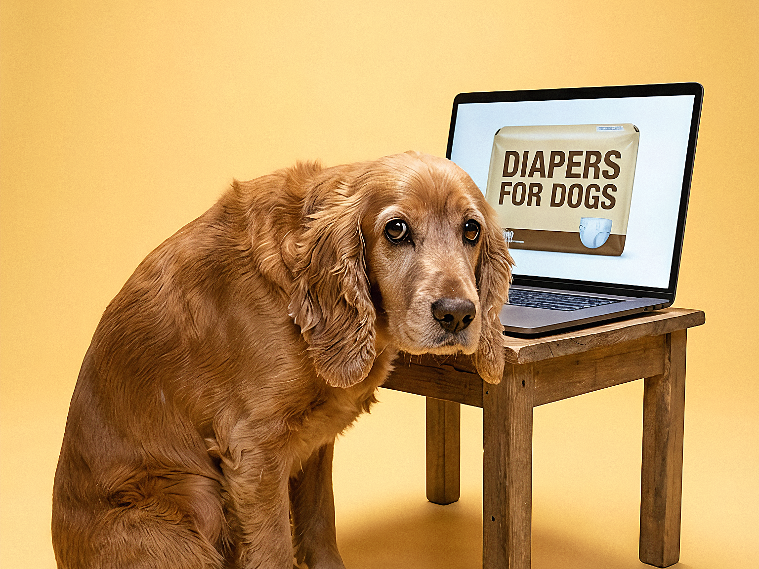 A sad-looking cocker spaniel sits next to a laptop showing a webpage for 'Diapers for Dogs'.