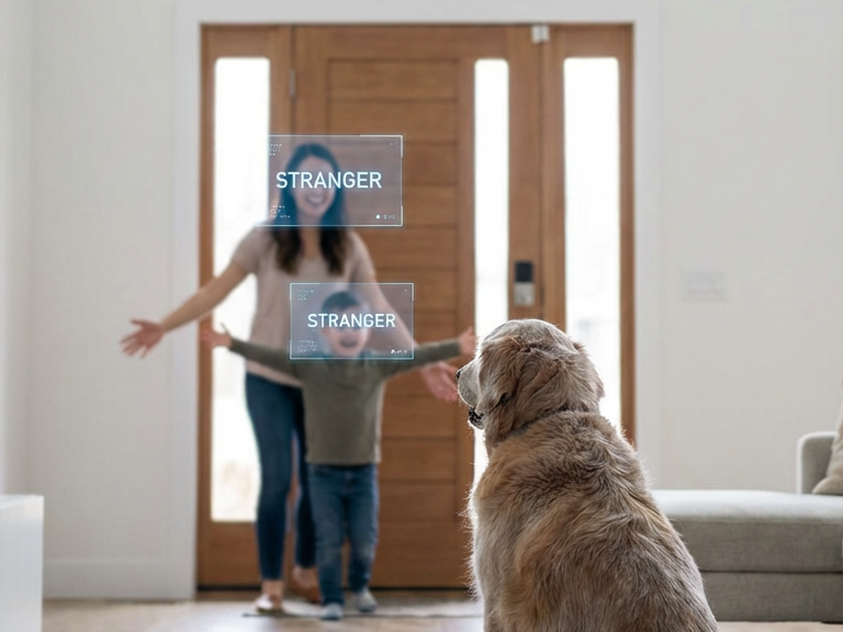 A dog watches a woman and child at the door, both identified as 'STRANGER' by a digital overlay.
