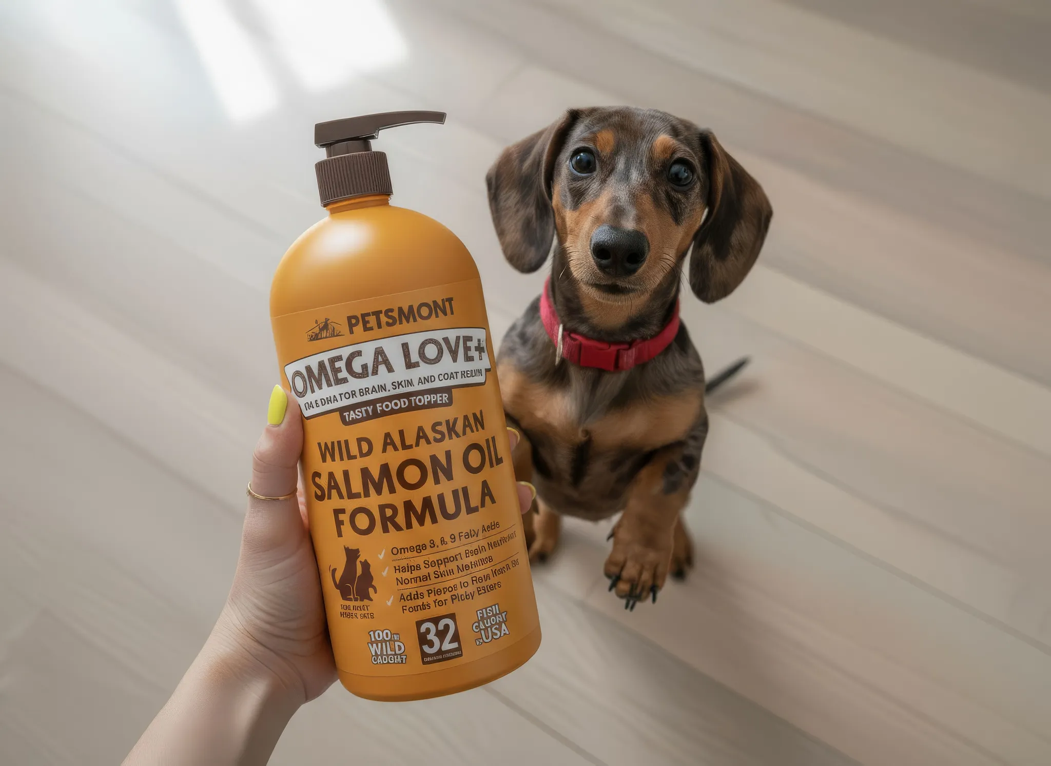 Person holding salmon oil bottle with dachshund dog looking up.