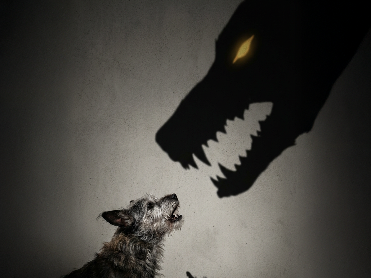 A small dog barks at a large, menacing shadow of a wolf with a glowing eye on a wall.