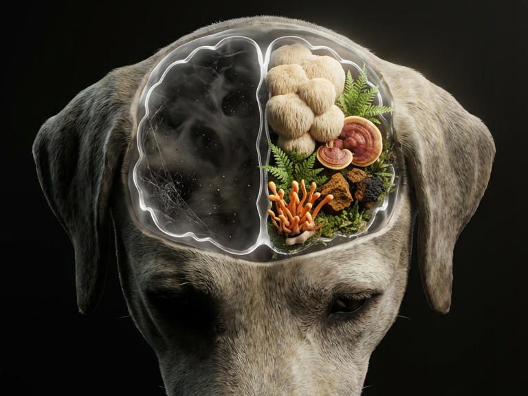 A dog's head with a transparent skull, revealing a brain that is half cloudy and half filled with mushrooms.