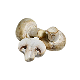 Two whole white button mushrooms and one sliced in half against a black background.