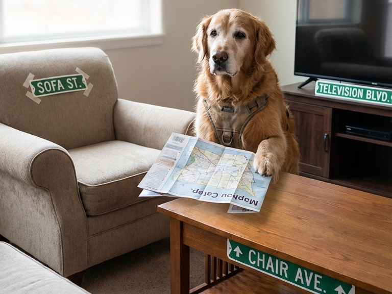A golden retriever with a harness holds a map on a table with street signs on furniture.