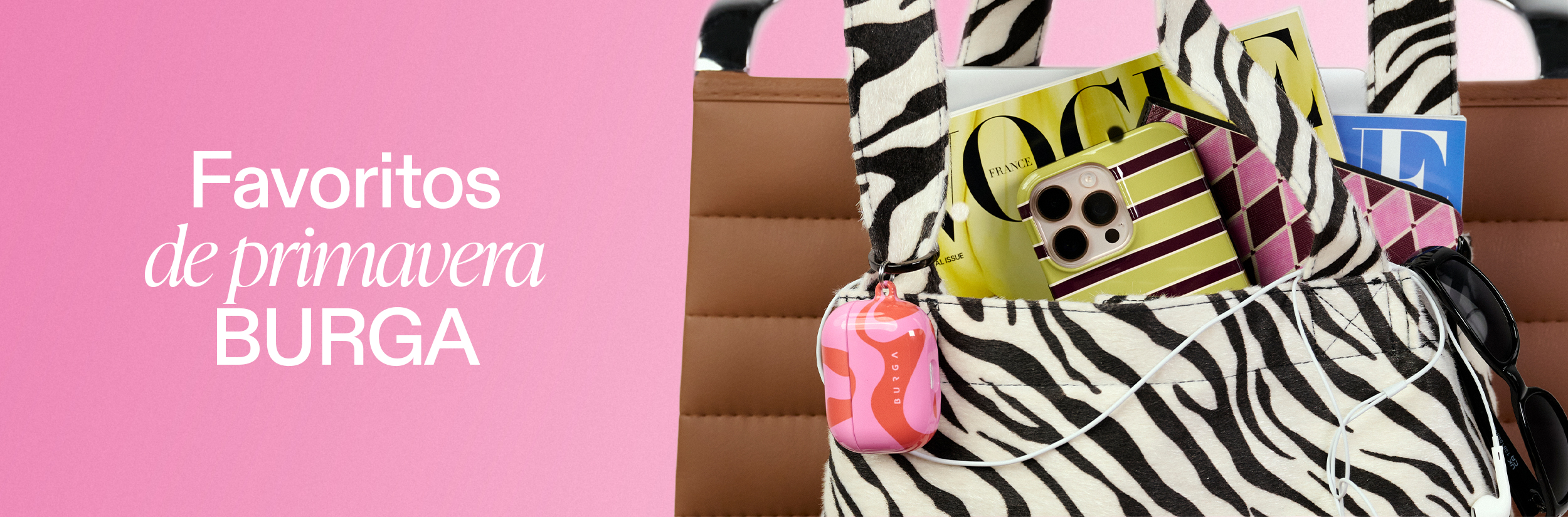 A zebra-print tote bag filled with magazines and phone cases against a pink background with Spanish text.