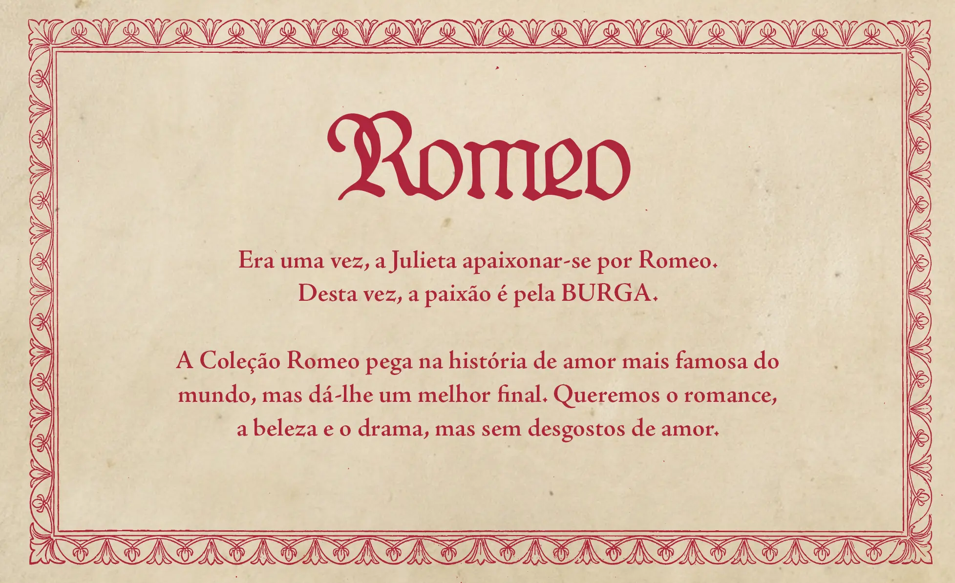 The word 'Romeo' in red stylized text on a parchment-like background with a decorative red border.