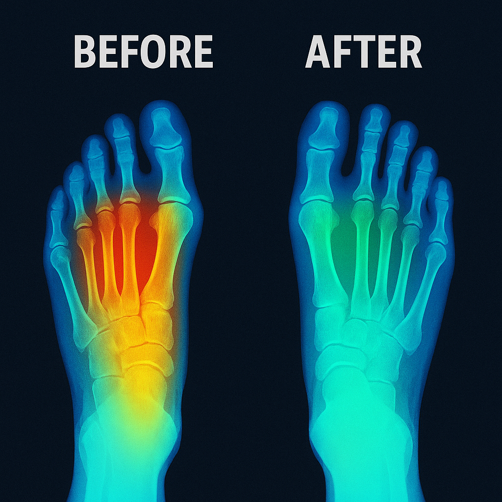 Thermal images of feet labeled 'Before' and 'After' showing temperature changes.