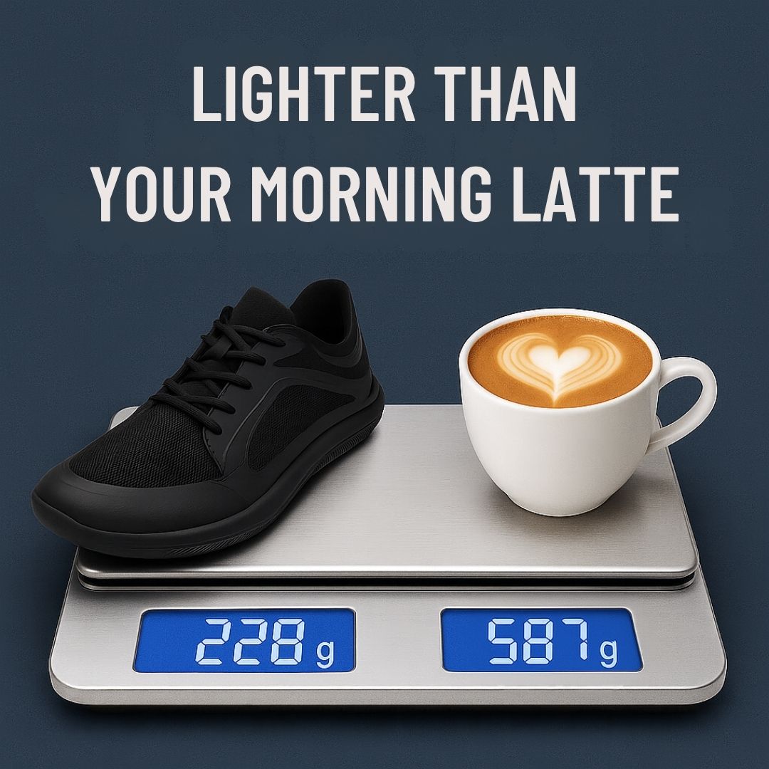 Black shoe and latte on a scale, with text 'Lighter than your morning latte.'