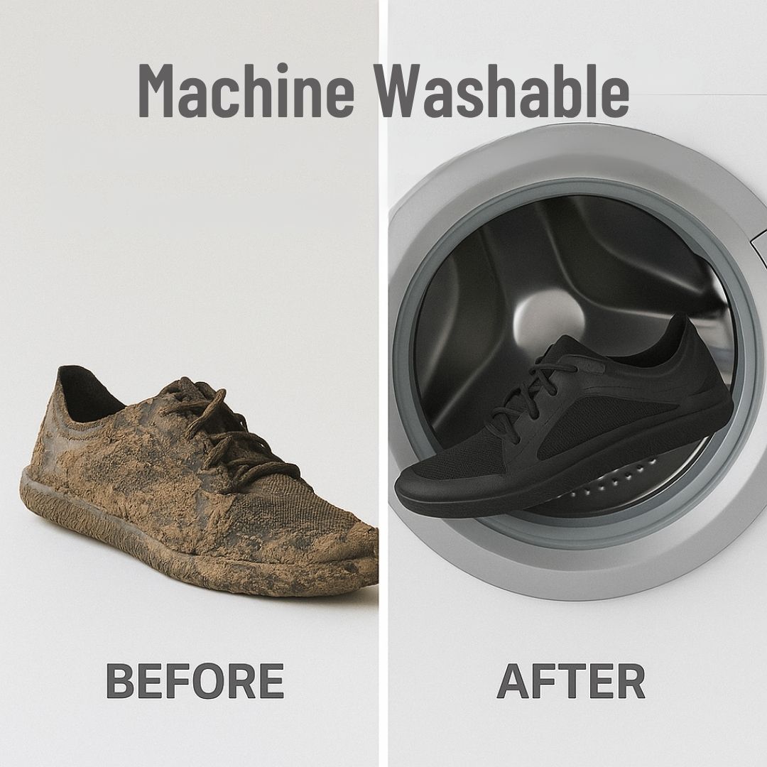 Dirty shoe before and clean shoe after washing, labeled 'Machine Washable.'