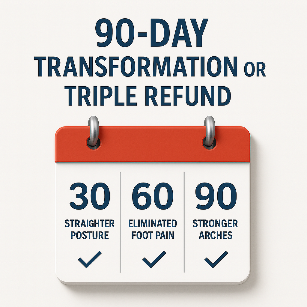 Calendar graphic with text about posture, foot pain, and arches improvement.