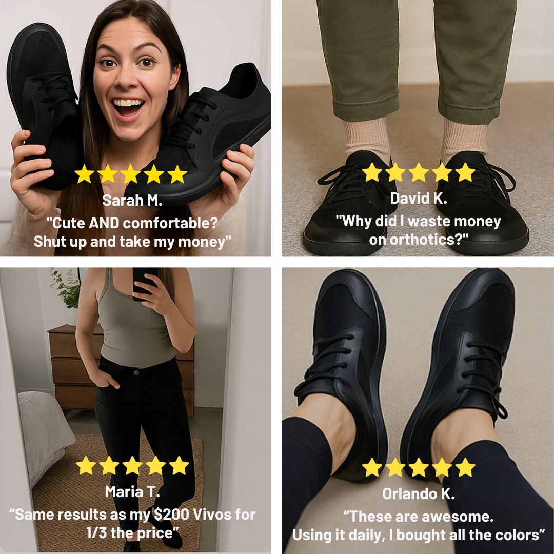 Collage of people reviewing black shoes with five-star ratings.