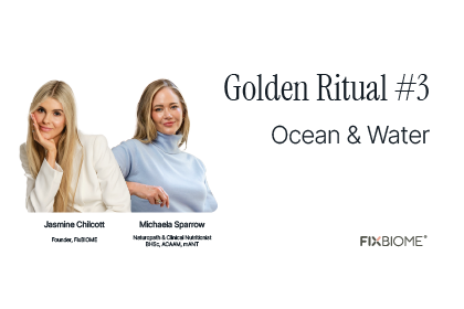 Two women in professional attire, text reads 'Golden Ritual #3 Ocean & Water' with FixBiome logo.