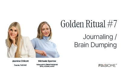 Two women, Jasmine Chilcott and Michaela Sparrow, alongside text 'Golden Ritual #7 Journaling / Brain Dumping.'