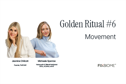 Two women smiling with the text 'Golden Ritual #6 Movement' and 'FIXBIOME' logo.