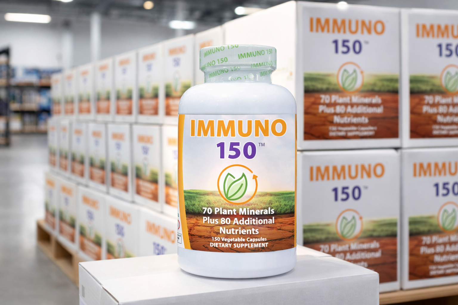 A bottle of IMMUNO 150 dietary supplement in a warehouse, in front of stacked cases of the product.
