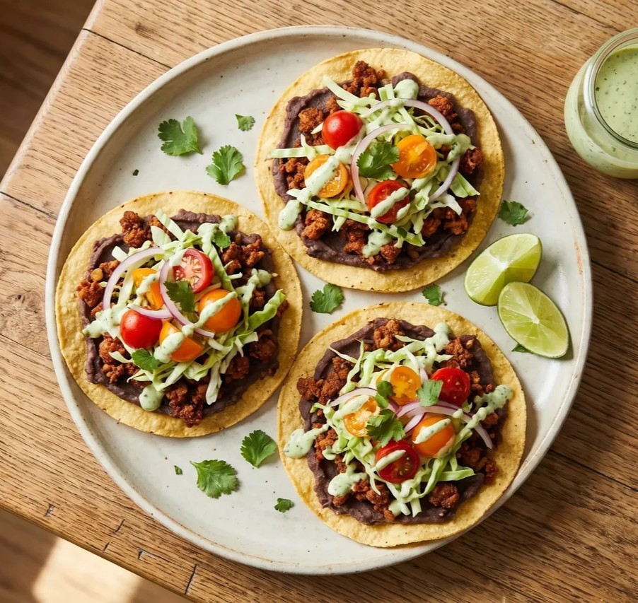 An overhead view of three tostadas on a plate, topped with beans, meat, tomatoes, and a green sauce.
