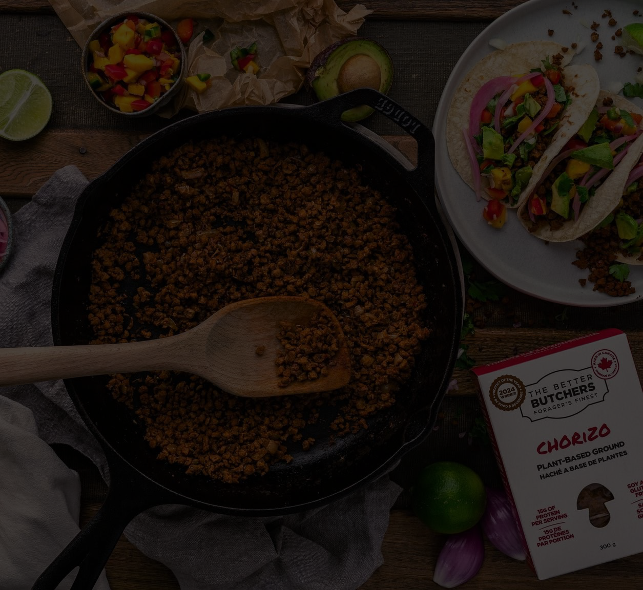 Overhead view of Better Butchers ground meat in a skillet.