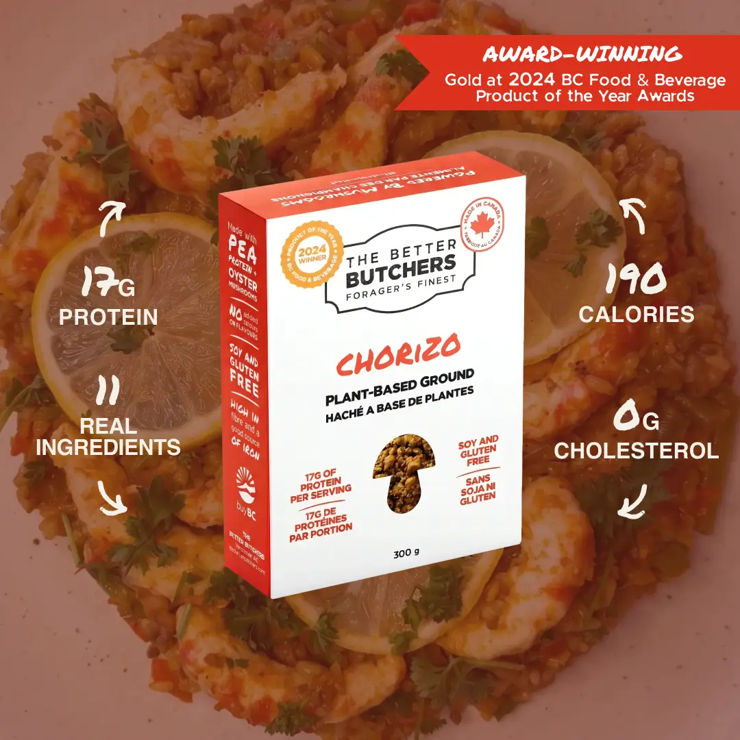 Box of Chorizo plant-based ground beef from The Better Butchers, award winner, 17 g protein, 11 real ingredients, 190 calories, 0 g cholesterol. 