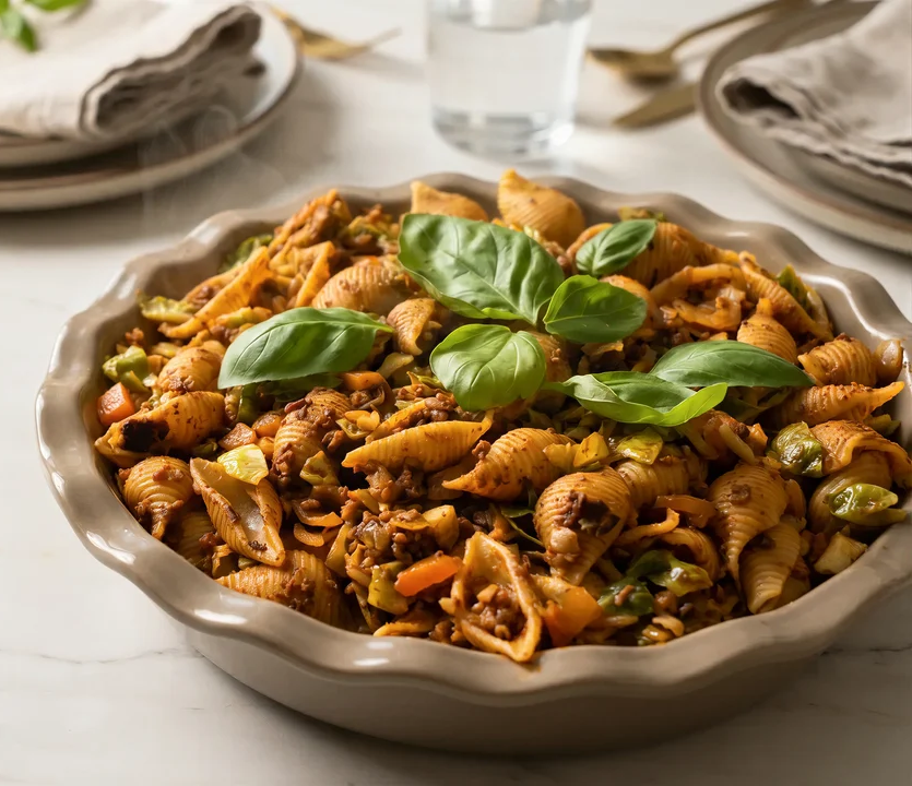 A steaming dish of shell pasta with vegetables and meat sauce, garnished with fresh basil leaves.