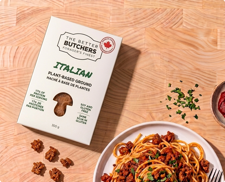 Box of Italian Better Butchers vegan meat with pasta 