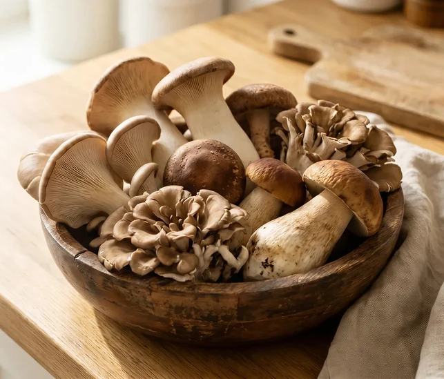 Wooden bowl with mushrooms inside of it.
