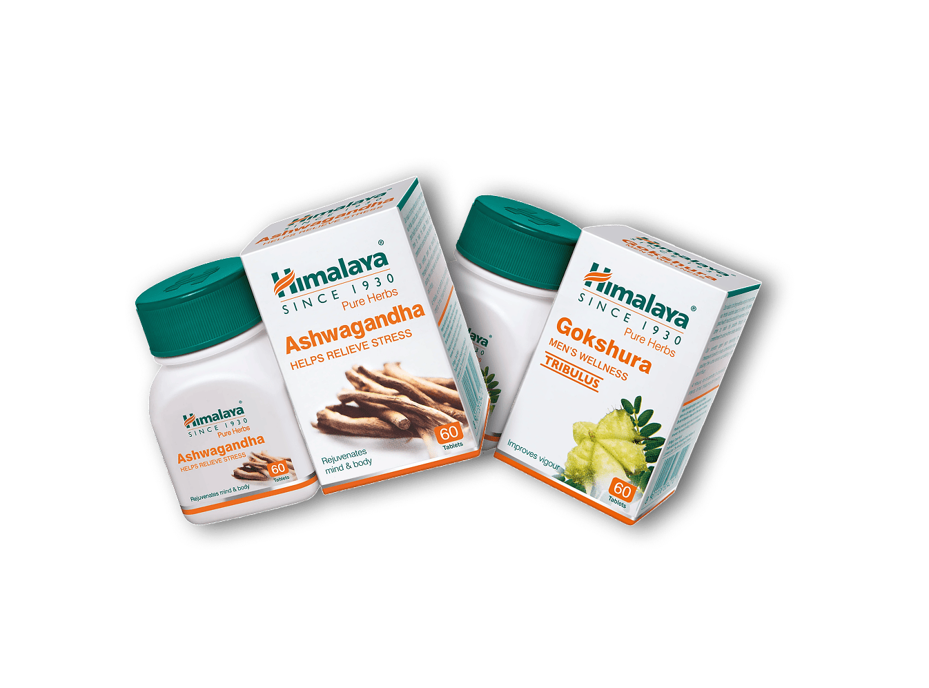 Three bottles of Himalaya herbal supplements: Ashwagandha and Gokshura.