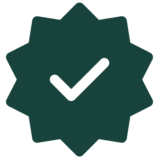 A white checkmark inside a dark teal, ten-pointed starburst shape icon.