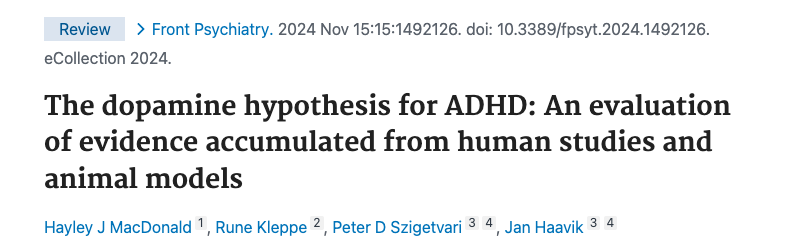 The title and author section of a scientific review about the dopamine hypothesis for ADHD.