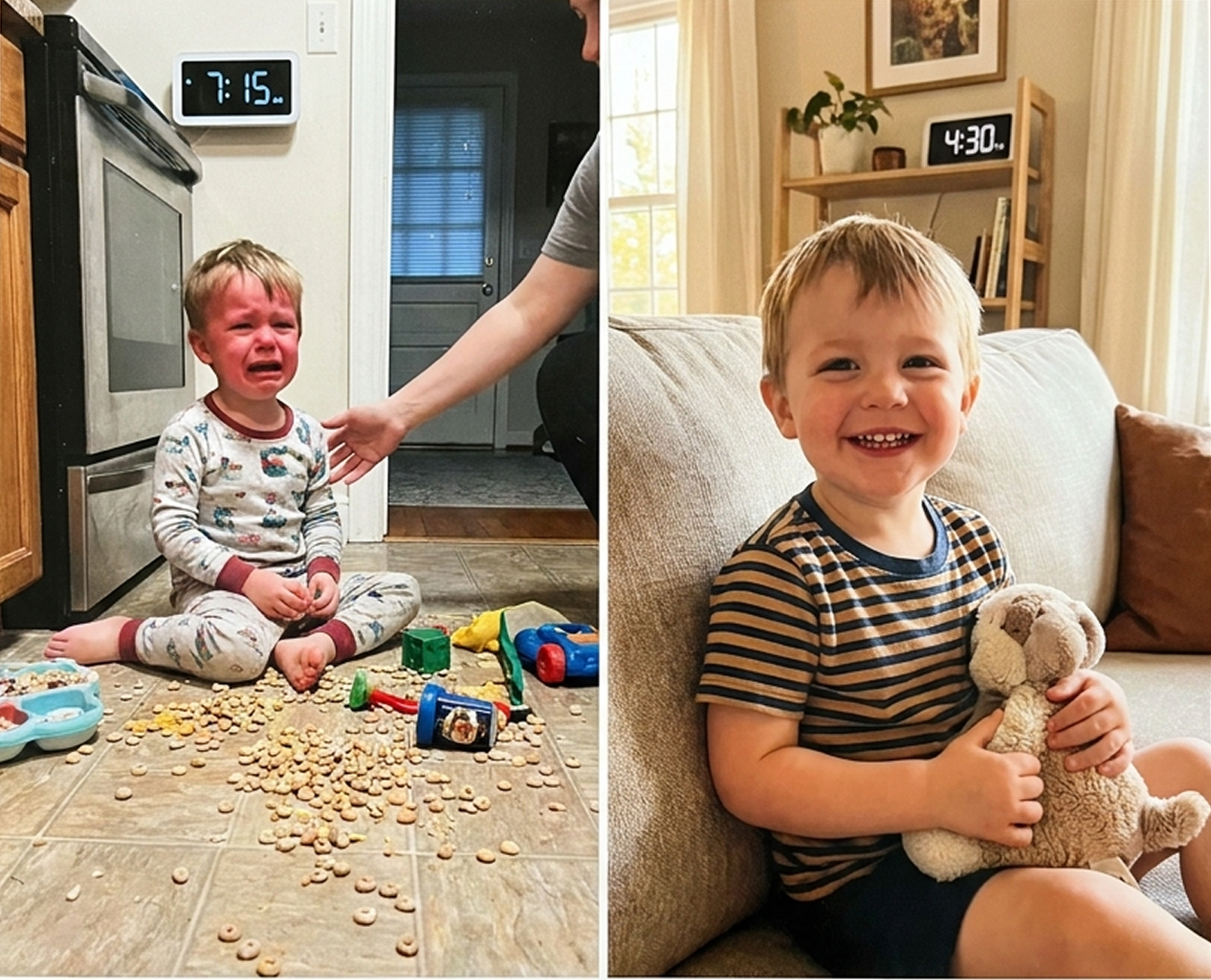 A side-by-side image of a toddler crying on the floor and the same toddler smiling on a couch.