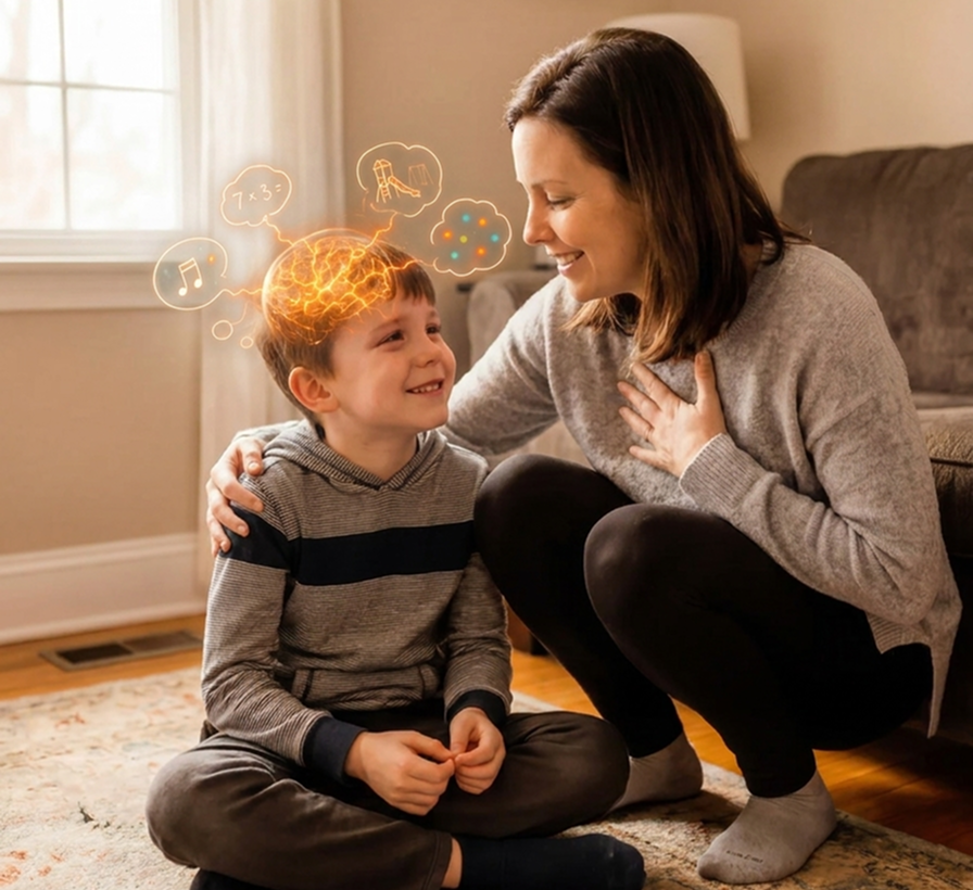 A woman smiles at a young boy with illustrated thought bubbles for math, music, and play.