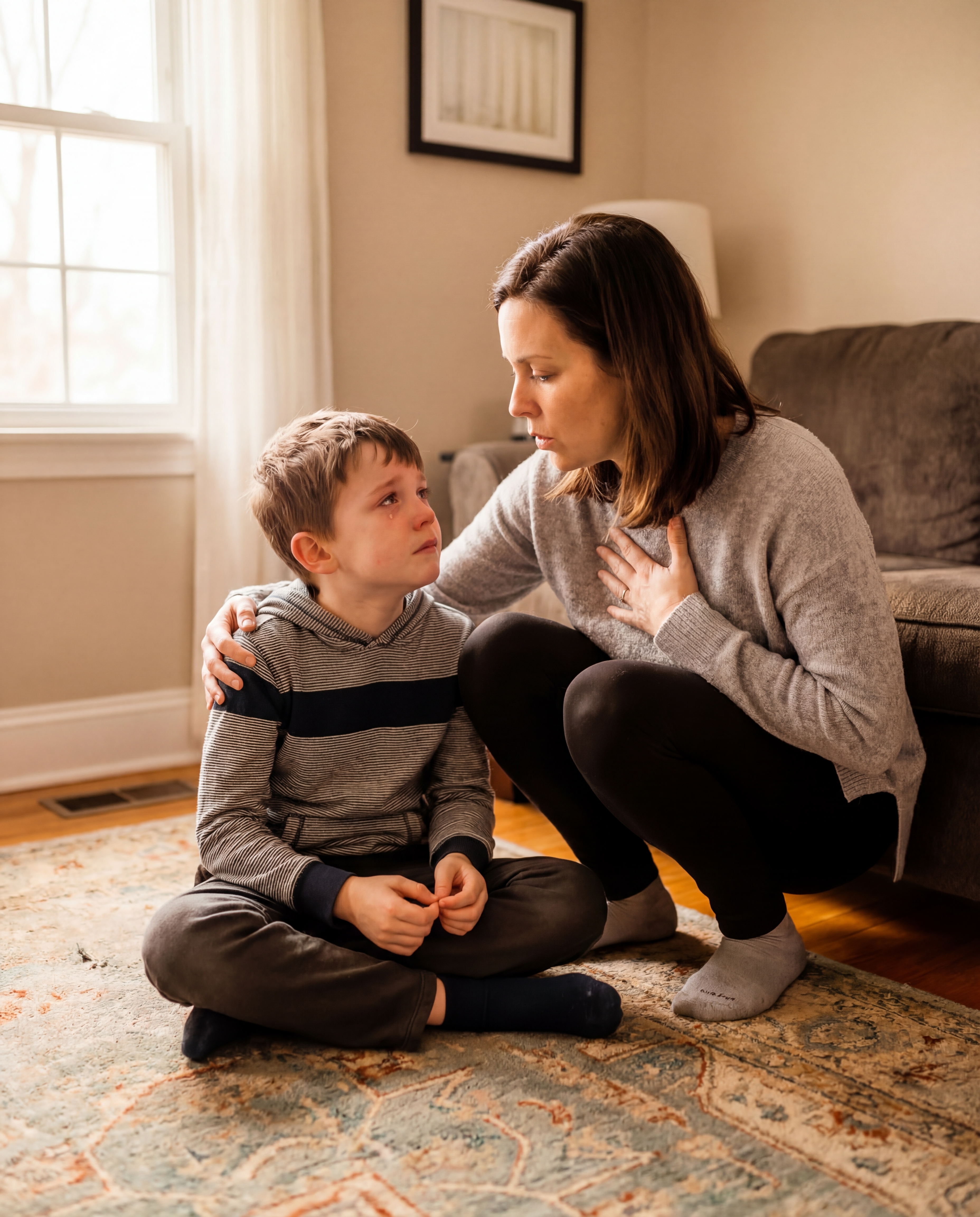 A woman kneels on a rug, looking with concern at a young boy who is crying.