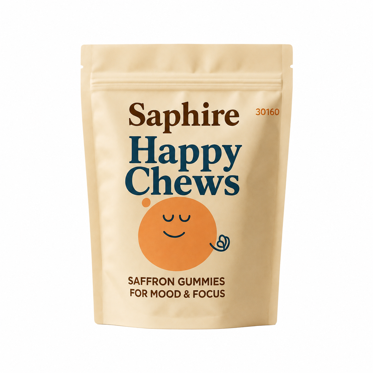 A tan pouch of Saphire Happy Chews, saffron gummies for mood and focus, on a white background.