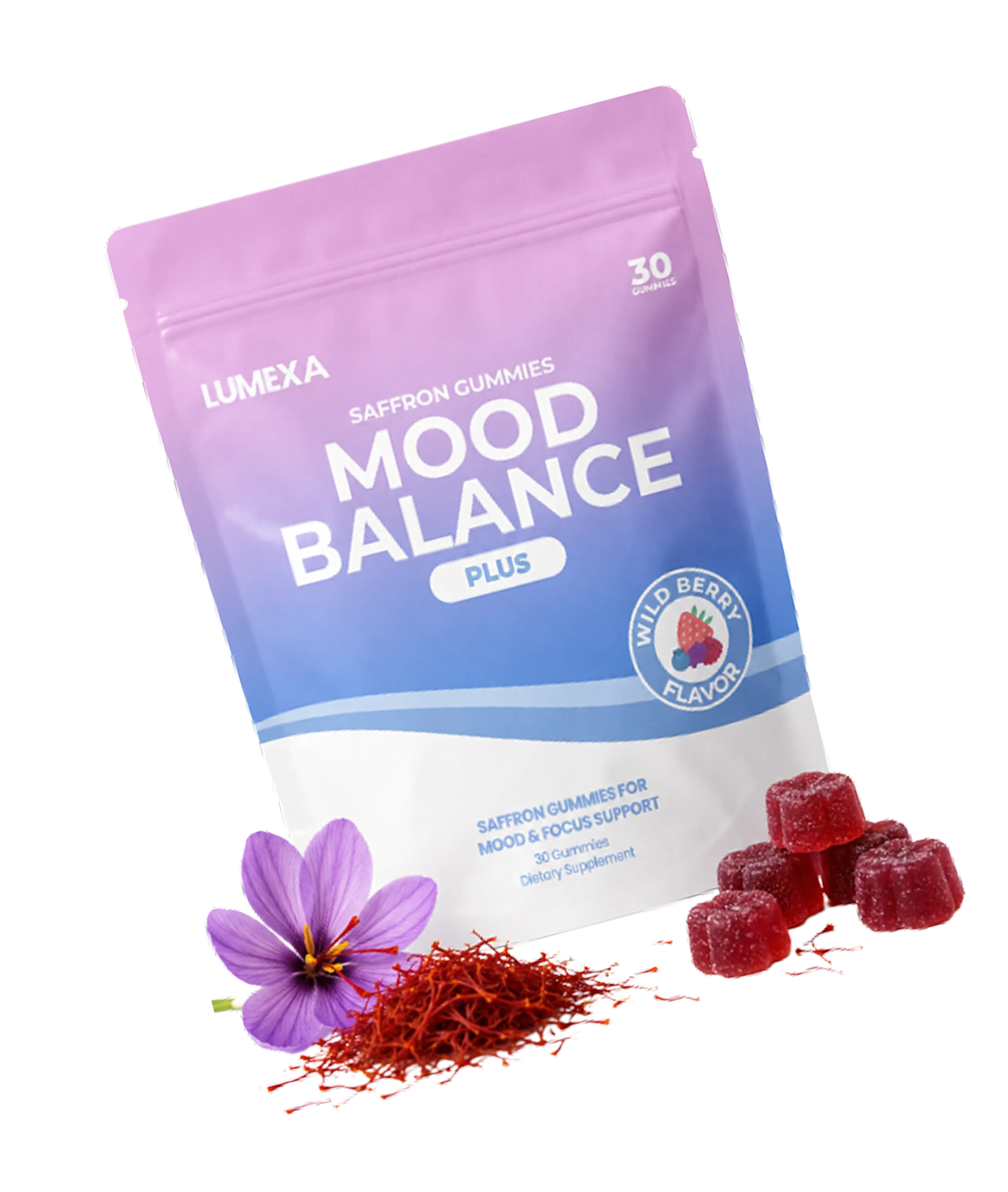 A pouch of Lumexa Mood Balance Plus saffron gummies with a saffron flower and red gummies on display.