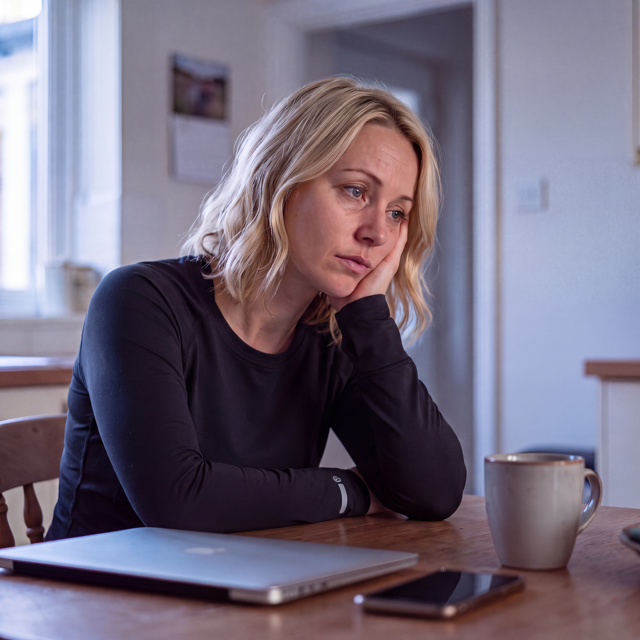 A woman with a worried expression rests her head on her hand at a table with a laptop.