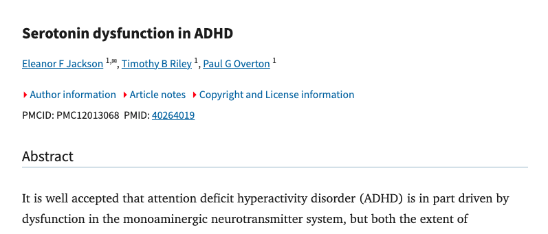 A screenshot of a scientific article titled 'Serotonin dysfunction in ADHD' showing the authors and abstract.