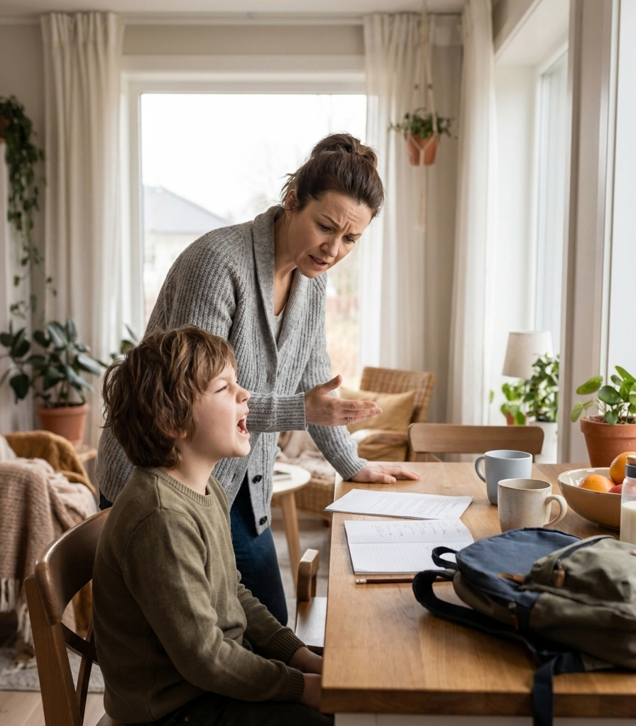 A frustrated mother stands over her son, who is shouting at the dining table with homework in front of him.