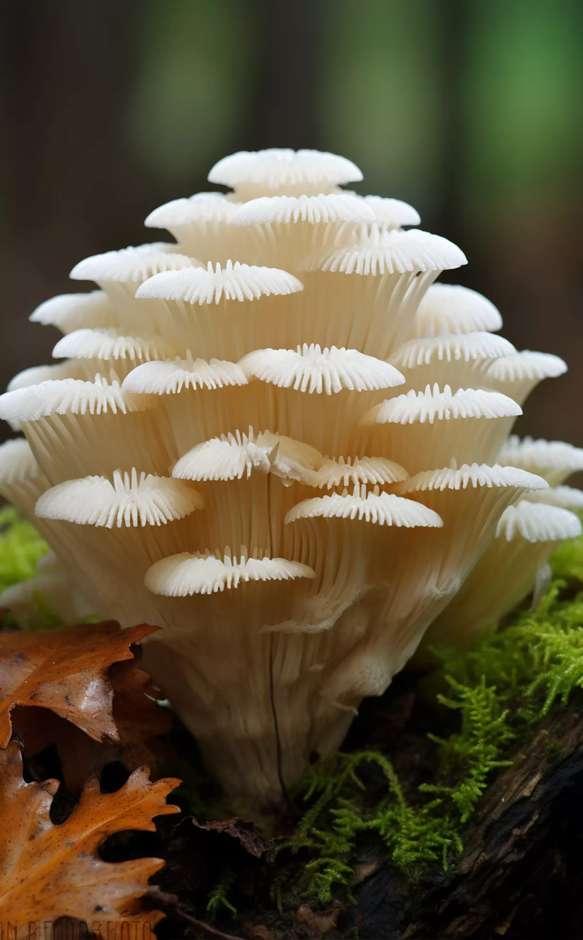 A close-up of a cluster of white, tiered mushrooms with fan-shaped caps growing on a mossy log.