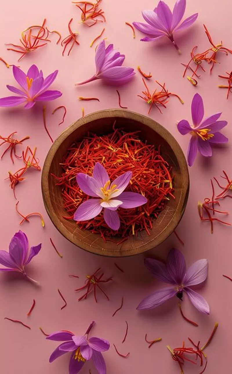 An overhead view of a wooden bowl filled with red saffron threads, surrounded by purple saffron crocus flowers.