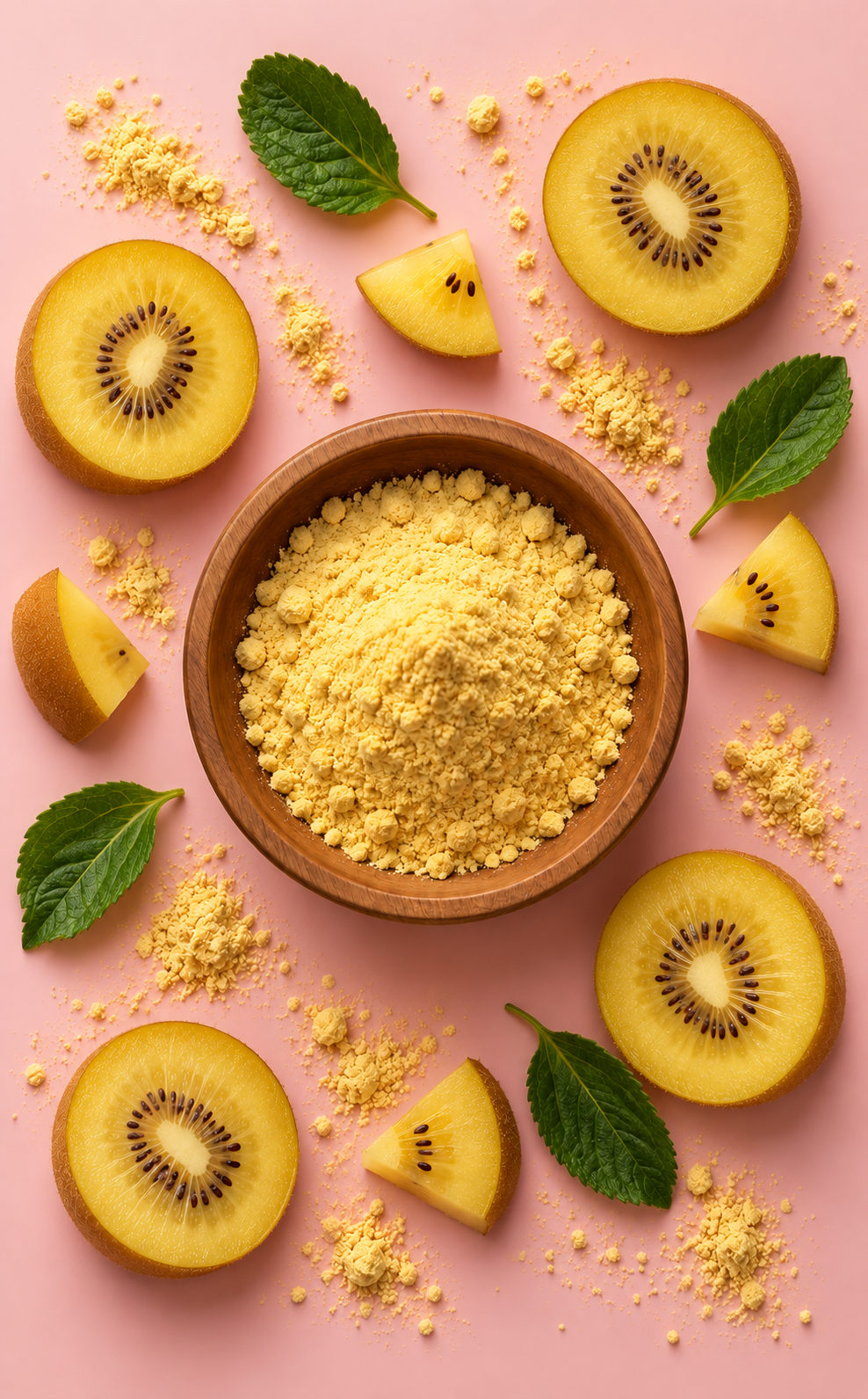 An overhead shot of a wooden bowl of yellow powder, surrounded by sliced golden kiwis and mint leaves.
