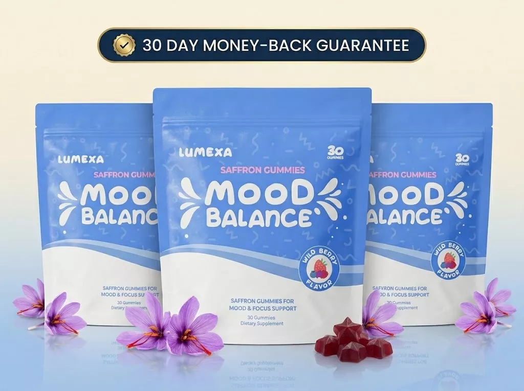 Three pouches of Lumexa Mood Balance saffron gummies with saffron flowers and star-shaped gummies on a reflective surface.