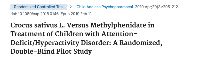 Title and publication information for a study on Crocus sativus L. versus Methylphenidate in children with ADHD.