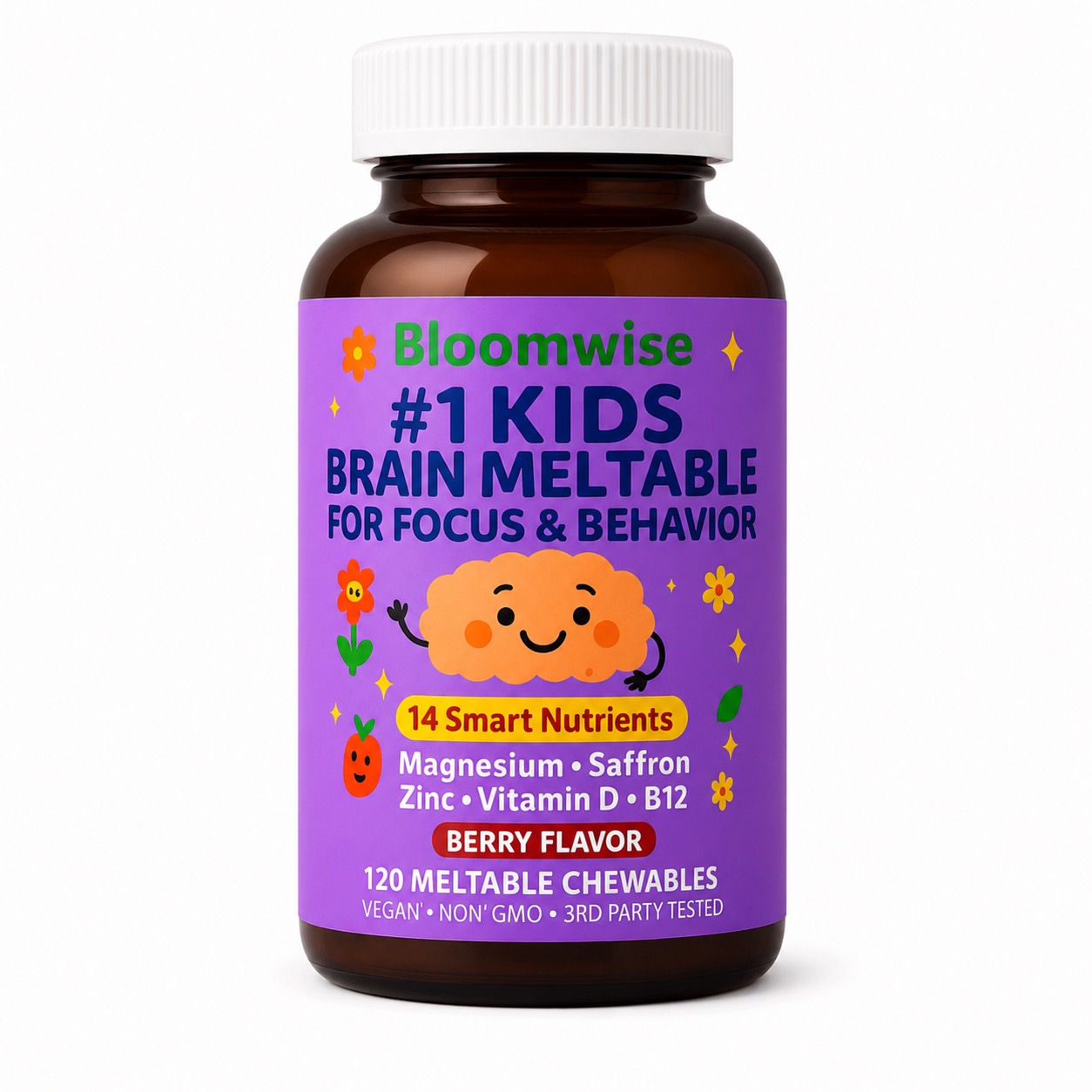 A bottle of Bloomwise #1 Kids Brain Meltable chewable supplements for focus and behavior, against a white background.