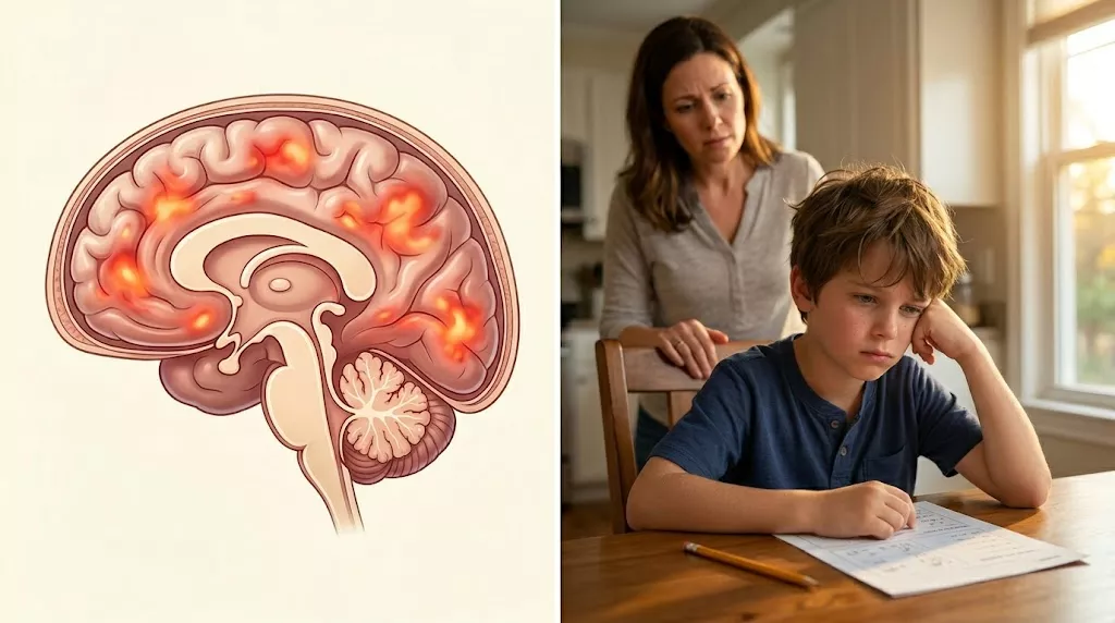 A split image showing an illustration of a brain and a boy struggling with homework with his mother.