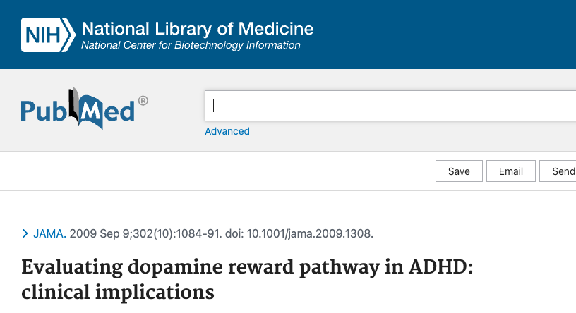 A screenshot of a PubMed article about dopamine reward pathways in ADHD.