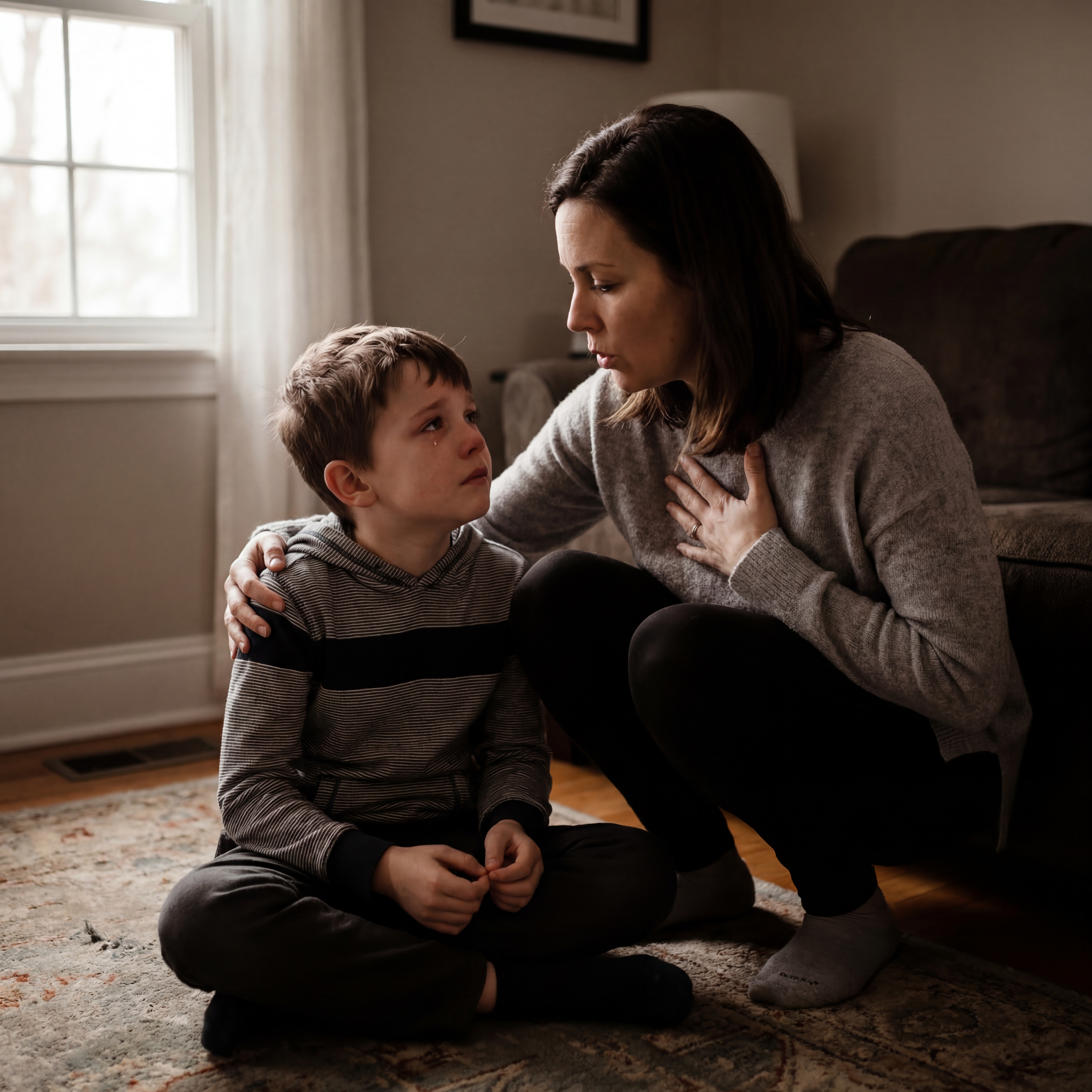 A woman crouches down to comfort a young boy who is sitting on a rug and crying.